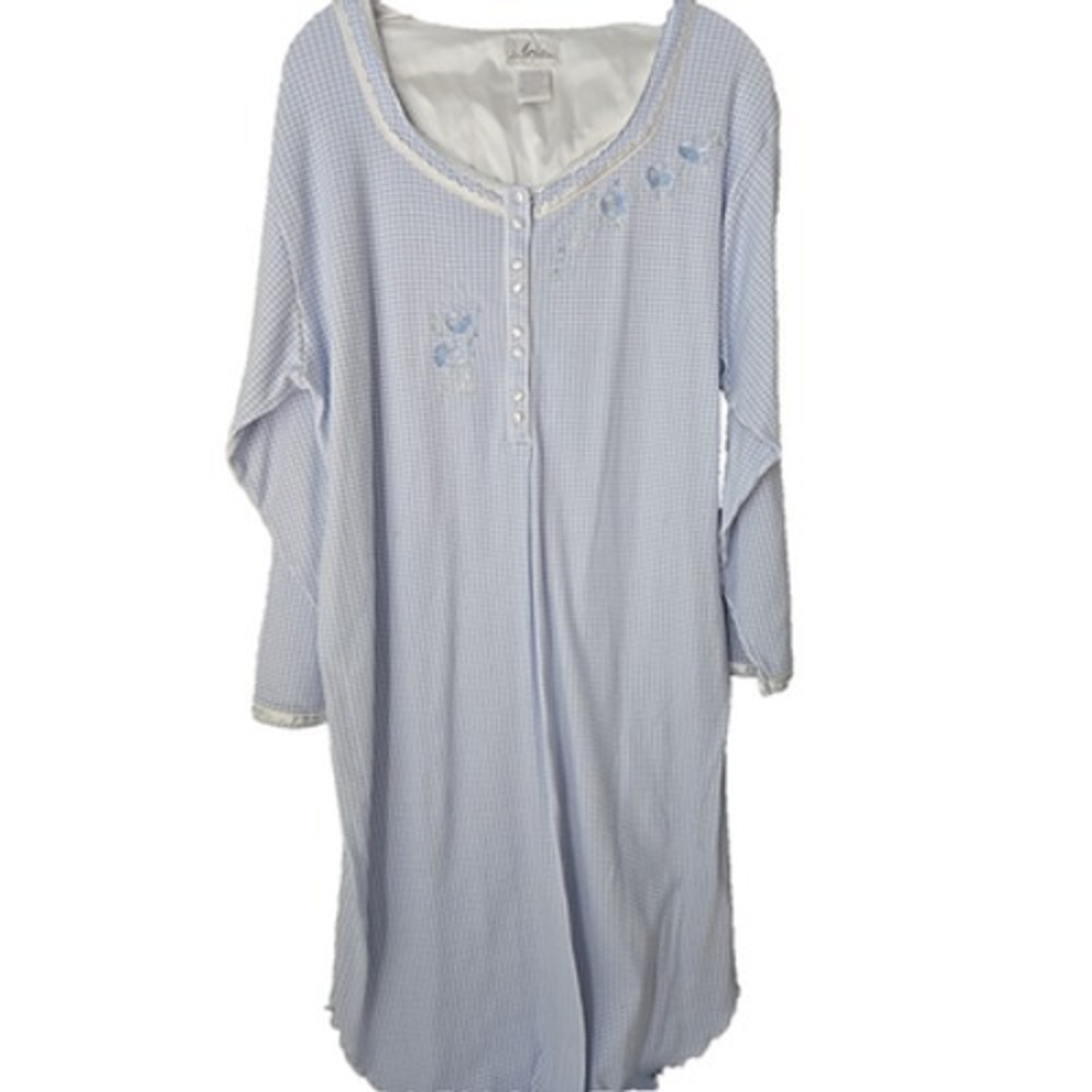 ARIA Blue Gingham Nightgown LARGE Embroidered Floral Pattern Modest Pajama Gown